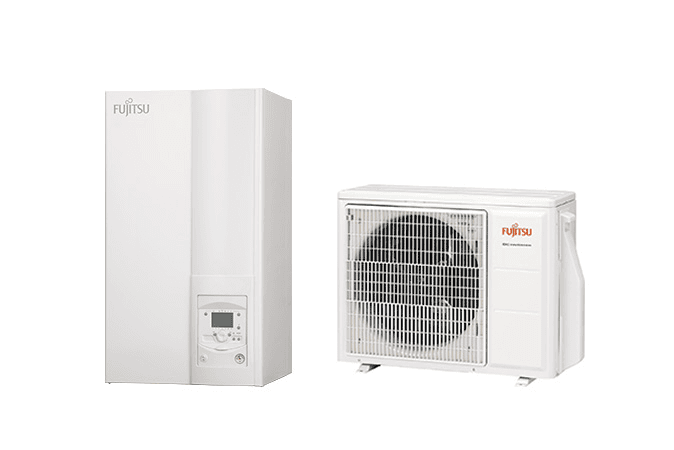 Fujitsu Waterstage Comfort R32 — split z hydroboxem i jednostką zewnętrzną
